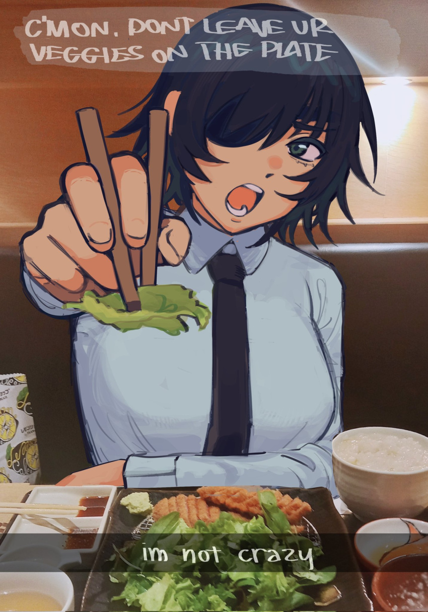 1girl, bangs, black_hair, black_necktie, bowl, breasts, chainsaw_man, chopsticks