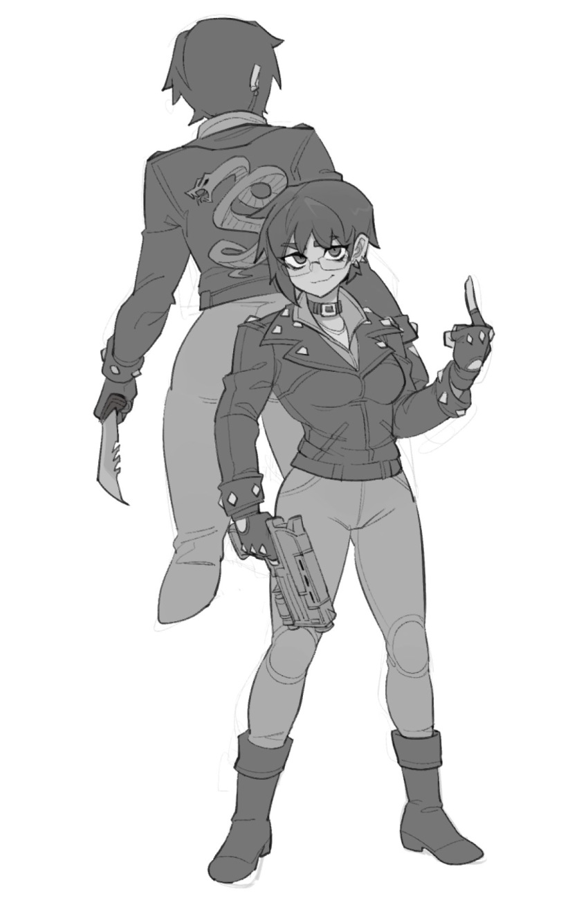 10mm_pistol, 1girl, bangs, boots, breasts, closed_mouth, commentary, difman, fallout_(series), fallout_3, fingerless_gloves, glasses, gloves, greyscale, gun, handgun, highres, holding, holding_gun, holding_knife, holding_weapon, jacket, knife, leather, leather_jacket, looking_at_viewer, medium_breasts, middle_finger, monochrome, multiple_views, pants, print_jacket, shirt, short_eyebrows, simple_background, smile, snake_print, thick_eyebrows, weapon, white_background