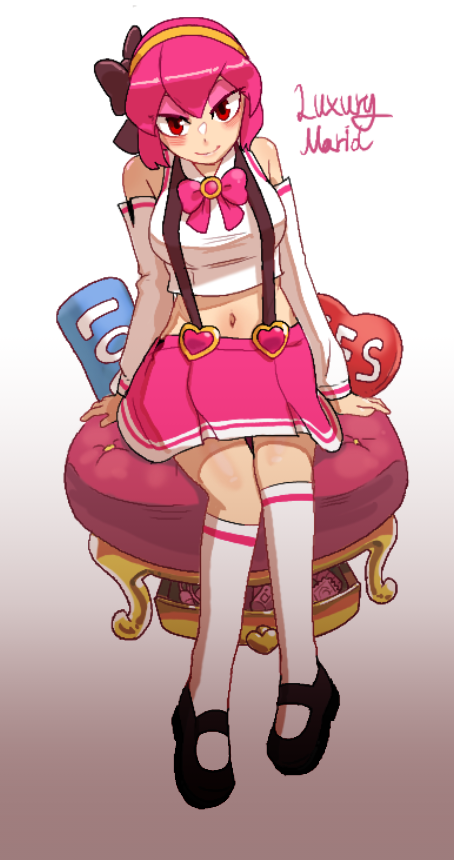 1girl, ababaa, arm_support, bare_shoulders, bow, bowtie, breasts, character_request, closed_mouth, copyright_request, detached_sleeves, eyeshadow, full_body, hair_ornament, hairband, kneehighs, looking_at_viewer, makeup, pink_eyeshadow, pink_hair, pink_skirt, red_eyes, sitting, skirt, smile, socks, solo, suspenders