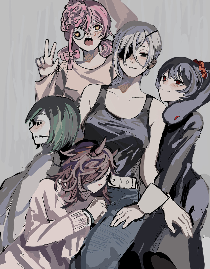 5girls, absurdres, arm_up, bangs, bare_shoulders, belt, black_dress, black_eyes