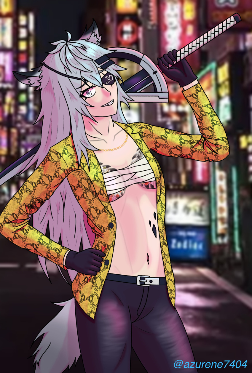 1girl, absurdres, alternate_costume, arknights, bandages, city, cosplay, eyepatch