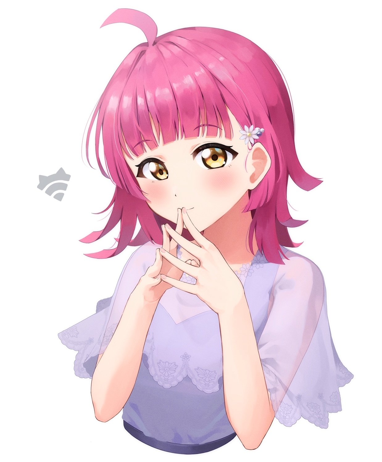 1girl, ahoge, bangs, blunt_bangs, blunt_ends, blush, breasts, check_commentary