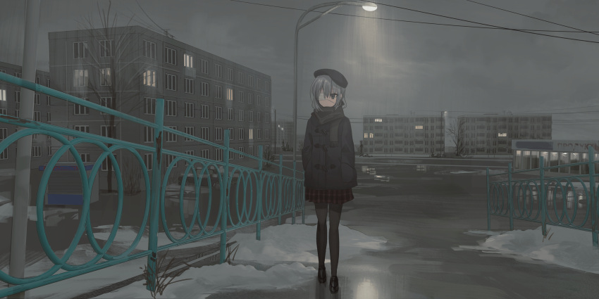 1girl, bangs, bare_tree, beret, black_eyes, black_footwear, black_headwear, black_jacket, black_pantyhose, black_scarf, brown_skirt, building, chihuri, clouds, cloudy_sky, eyepatch, fringe_trim, grey_hair, hair_between_eyes, hat, highres, jacket, lamppost, loafers, medical_eyepatch, night, night_sky, original, outdoors, pantyhose, plaid, plaid_skirt, pleated_skirt, railing, renata_alekseevna_tsvetaeva, scarf, shoes, skirt, sky, solo, tree, walking, window