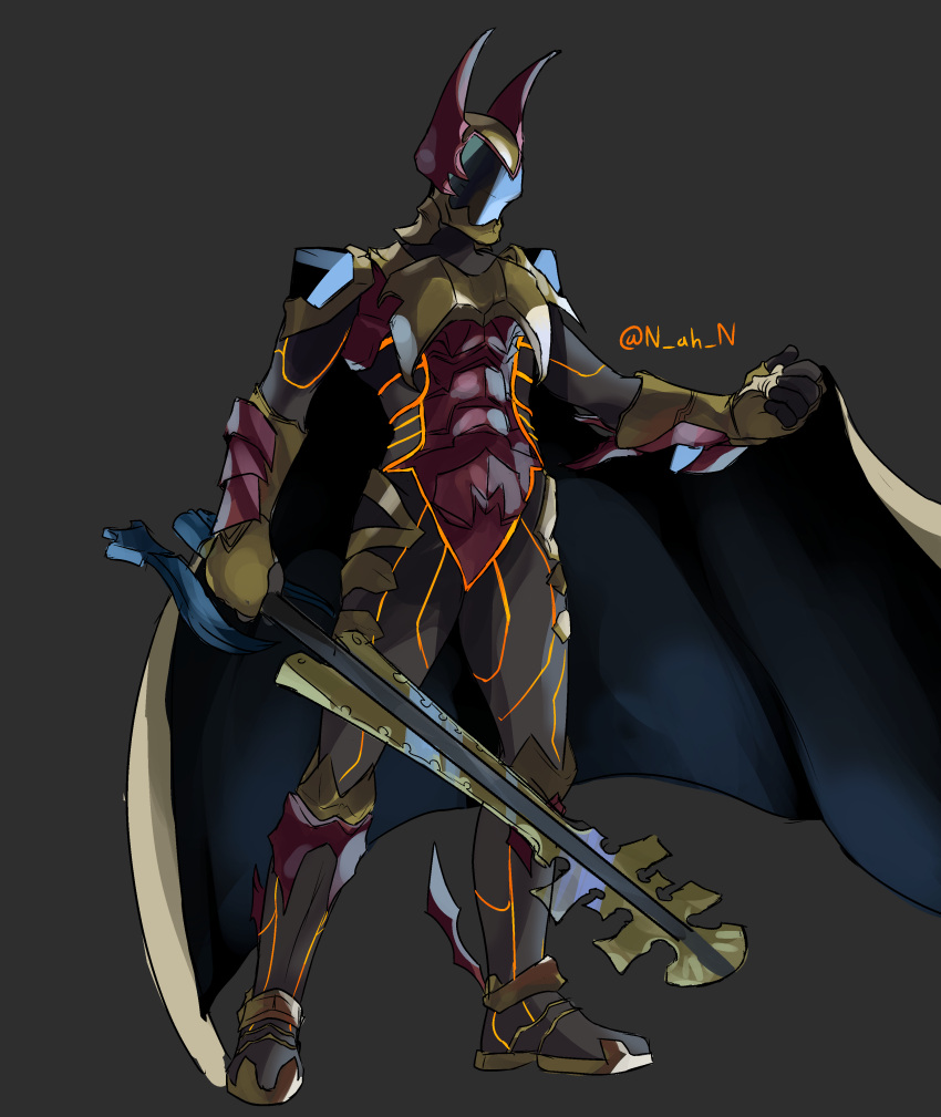1boy, absurdres, armor, breastplate, cape, fake_horns, faulds, full_armor, gauntlets, glowing_lines, gold_armor, greaves, helm, helmet, highres, holding, holding_weapon, horned_helmet, horns, keyblade, kingdom_hearts, kingdom_hearts_birth_by_sleep, kingdom_hearts_iii, lingering_will_(kingdom_hearts), metal_boots, n_ah_n, pauldrons, shoulder_armor, solo, weapon