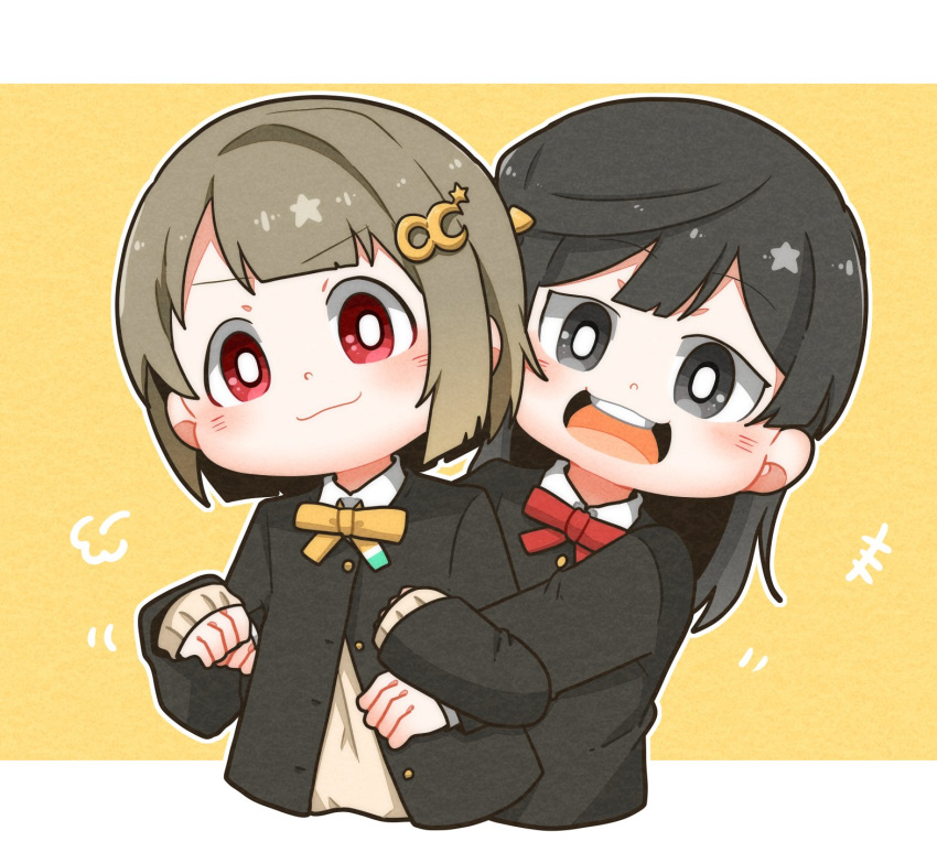 2girls, =3, bangs, black_eyes, black_hair, black_jacket, blazer, blush
