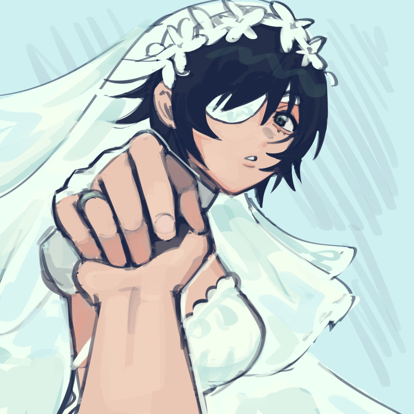 1girl, alternate_costume, bangs, black_hair, breasts, bridal_veil, chainsaw_man, disembodied_limb, dress, eyepatch, highres, himeno_(chainsaw_man), jewelry, light_blue_background, liowig, looking_at_viewer, pov, ring, short_hair, simple_background, solo, surprised, veil, wedding_dress, wedding_ring
