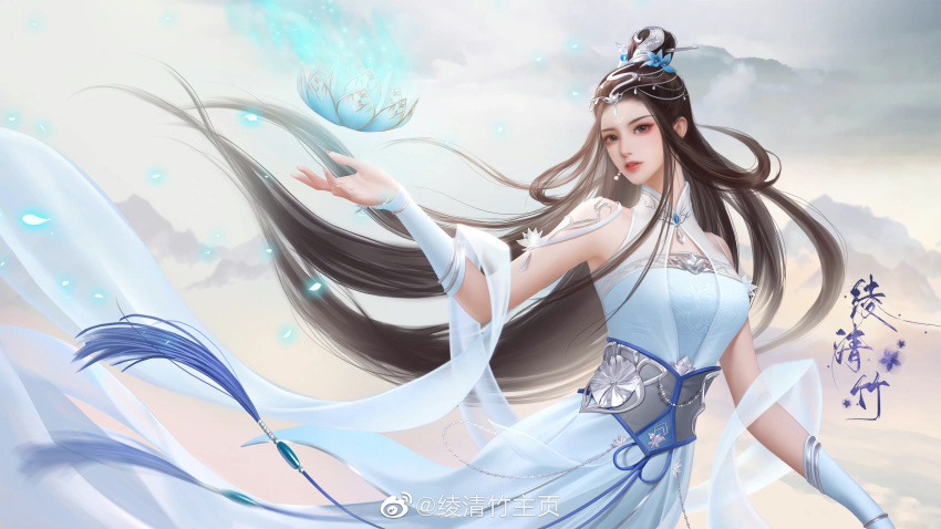 1girl, absurdres, blue_dress, brown_hair, chest_cutout, chinese_clothes, clouds, dress