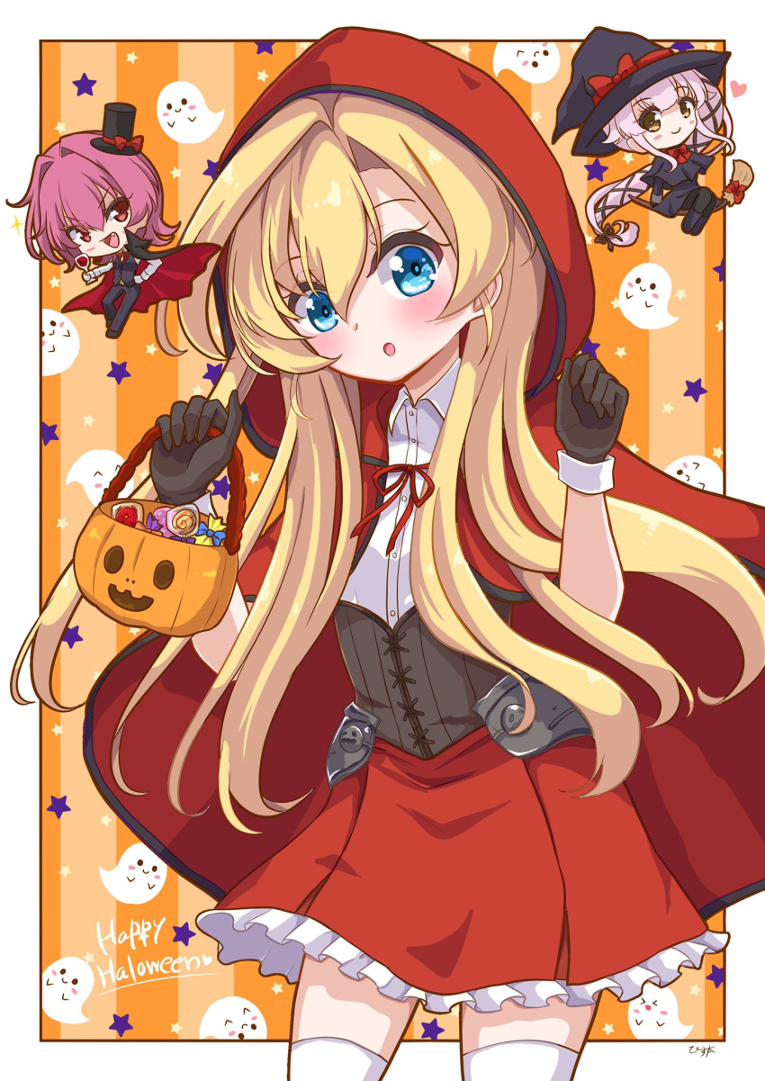 3girls, abukuma_(kancolle), abukuma_kai_ni_(kancolle), black_gloves, blonde_hair, blue_eyes, broom, broom_riding