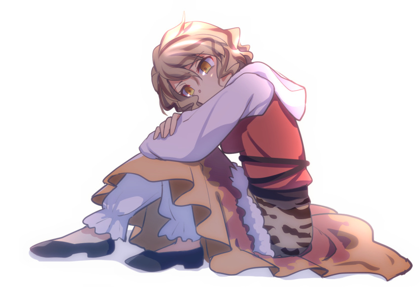 1girl, animal_print, black_footwear, blonde_hair, from_side, full_body, knees_up, long_sleeves, multicolored_hair, nayozane_(worker7), short_hair, simple_background, sitting, skirt, solo, streaked_hair, tiger_print, toramaru_shou, touhou, white_background, yellow_eyes