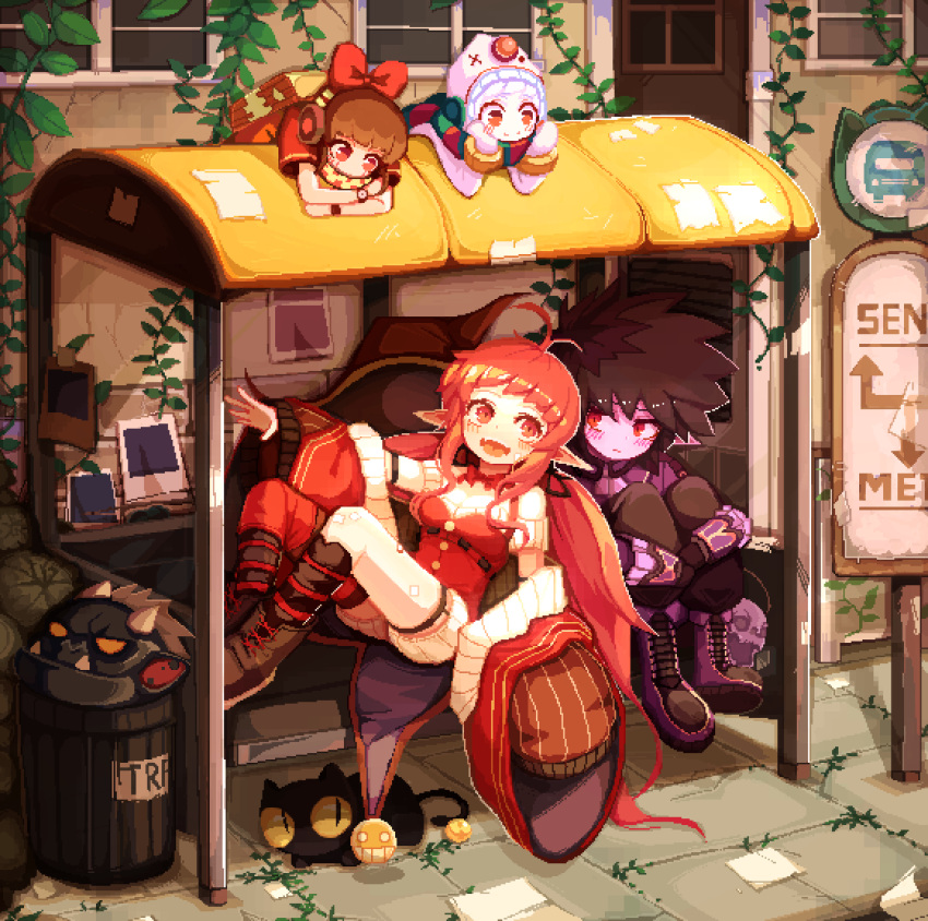 2boys, 2girls, absurdres, bandaid, bandaid_on_leg, bench, black_hair, boots