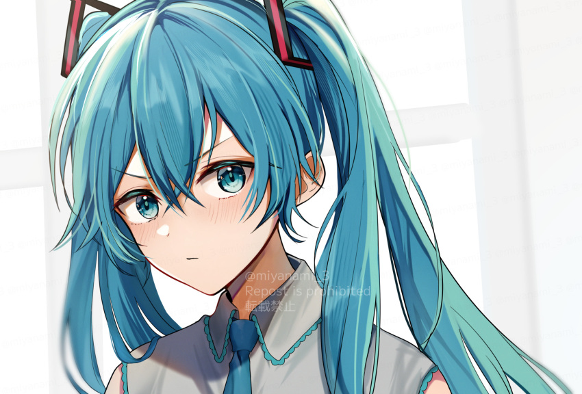 1girl, aqua_eyes, aqua_hair, bare_shoulders, blue_hair, grey_shirt, hatsune_miku, highres, long_hair, necktie, noizu_(noi_hr), shirt, solo, twintails, very_long_hair, vocaloid