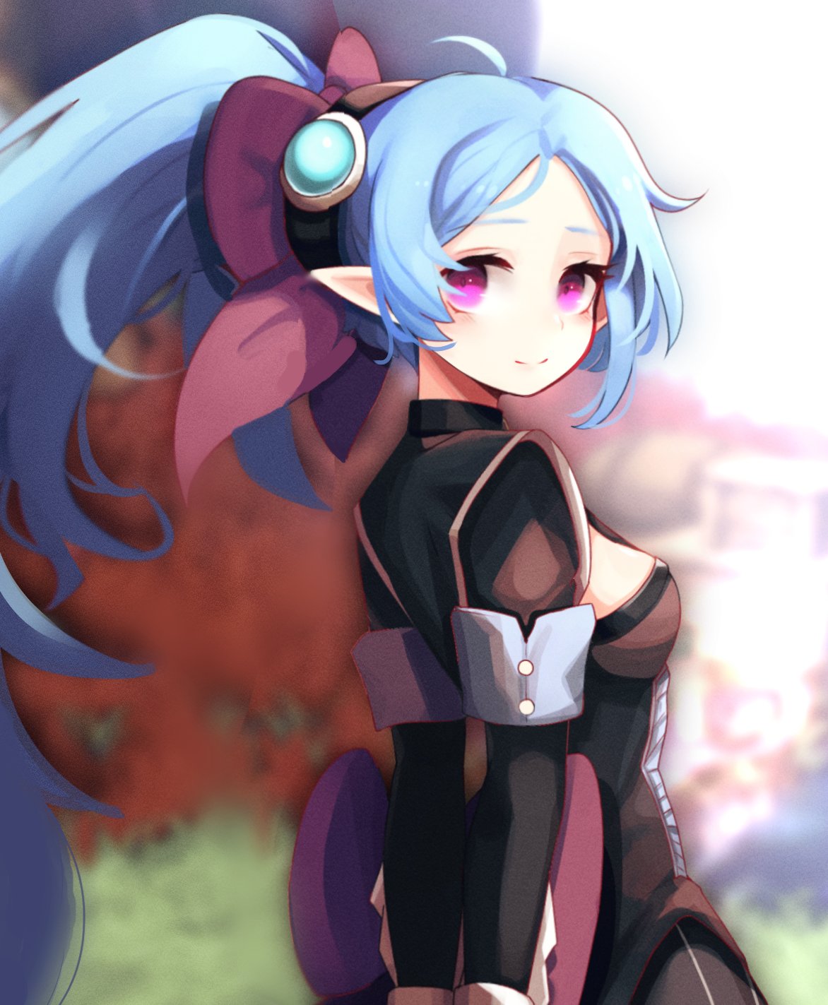 1girl, arms_behind_back, back_bow, blue_hair, blurry, blurry_background, bow, cleavage_cutout