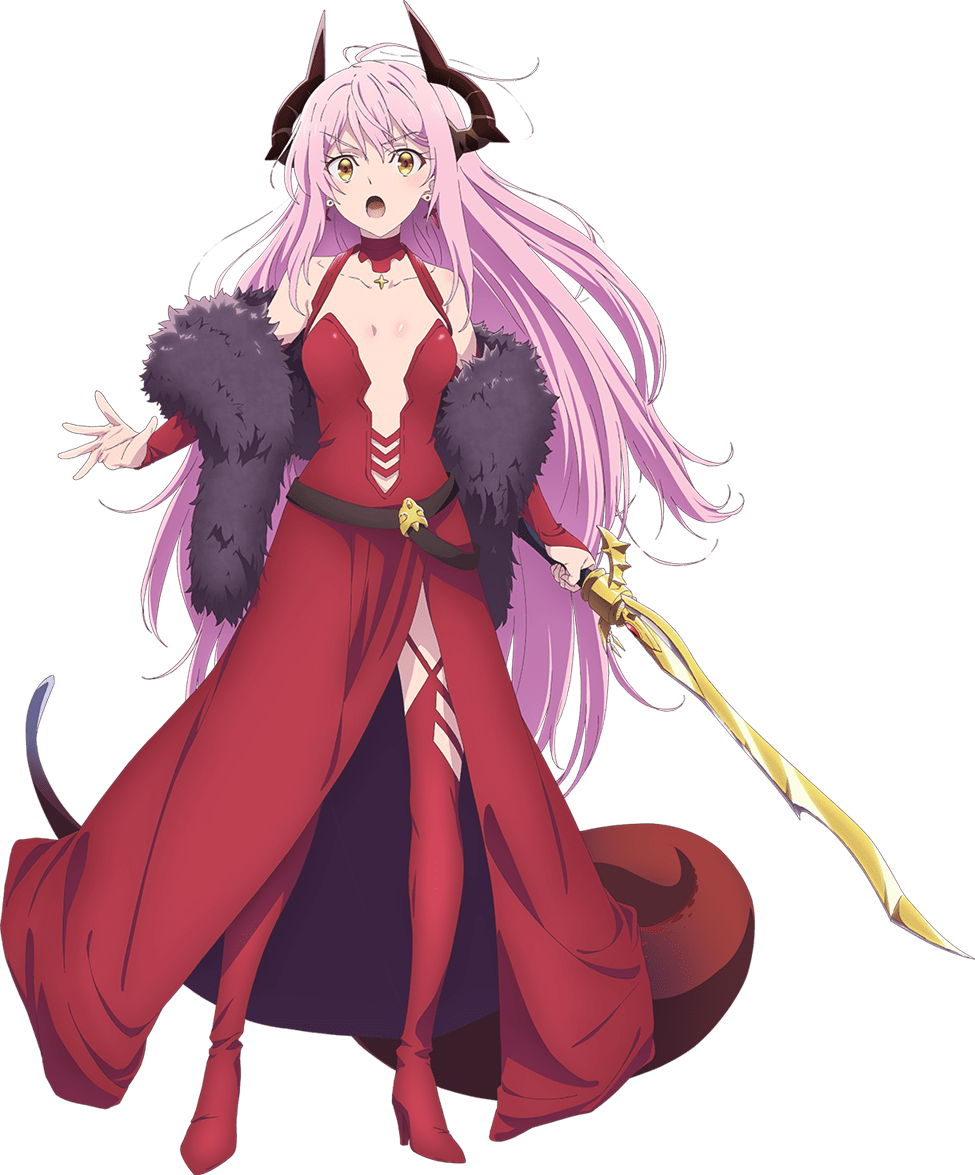 boots, coat, demon_horns, dress, echidna_(yuusha_yamemasu), fur-trimmed_coat, fur_trim, horns