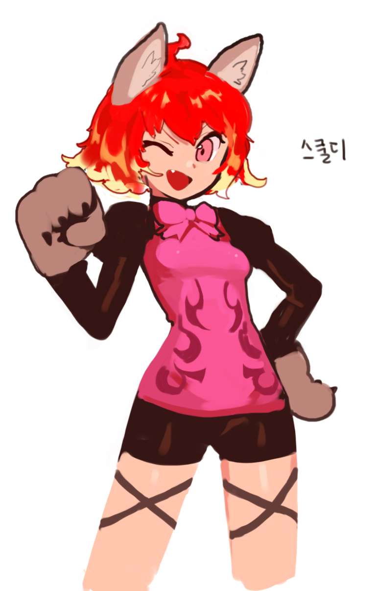 1girl, ahoge, animal_ears, animal_hands, bow, cat_ears, cat_paws, dress, dungeon_and_fighter, fang, firstw1, hand_on_hip, highres, long_sleeves, one_eye_closed, open_mouth, orange_hair, pink_dress, short_hair, skuldi, solo, upper_body, white_background