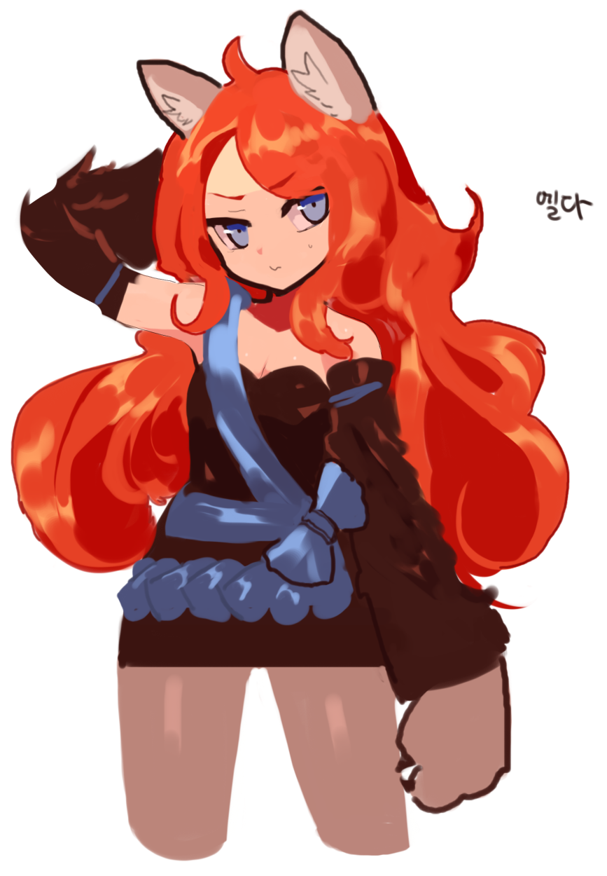 1girl, ahoge, animal_ears, bare_shoulders, blue_eyes, cat_ears, cat_girl, cat_paw, detached_sleeves, dungeon_and_fighter, elda_(dungeon_and_fighter), firstw1, highres, long_hair, orange_hair, solo, thigh-highs, upper_body, white_background