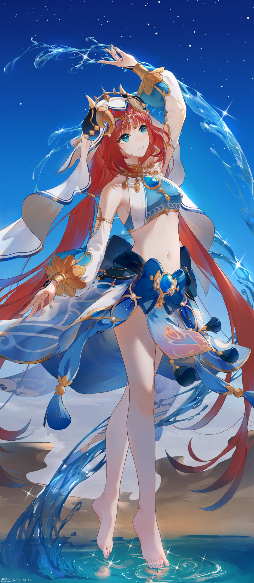 1girl, absurdres, aqua_eyes, arm_up, artist_name, bare_legs, bare_shoulders, barefoot