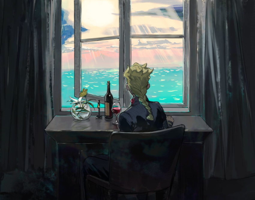 1boy, alcohol, blonde_hair, blue_jacket, bottle, braid, chair, clouds