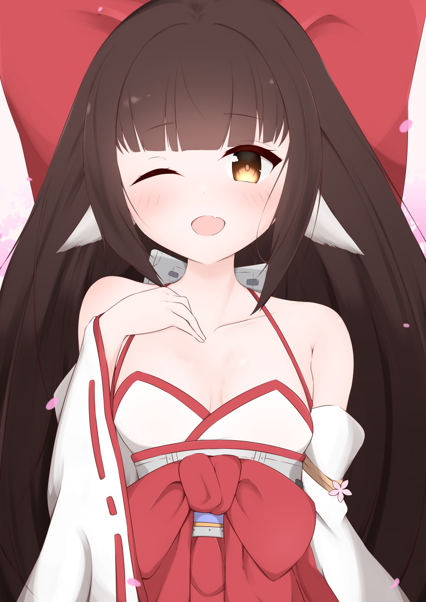 absurdres, acullllll, animal_ears, azur_lane, bare_shoulders, blush, brown_hair, detached_sleeves, hand_on_own_chest, harutsuki_(azur_lane), highres, japanese_clothes, long_hair, miko, nontraditional_miko, one_eye_closed, petals, red_ribbon, ribbon, very_long_hair, white_sleeves, yellow_eyes