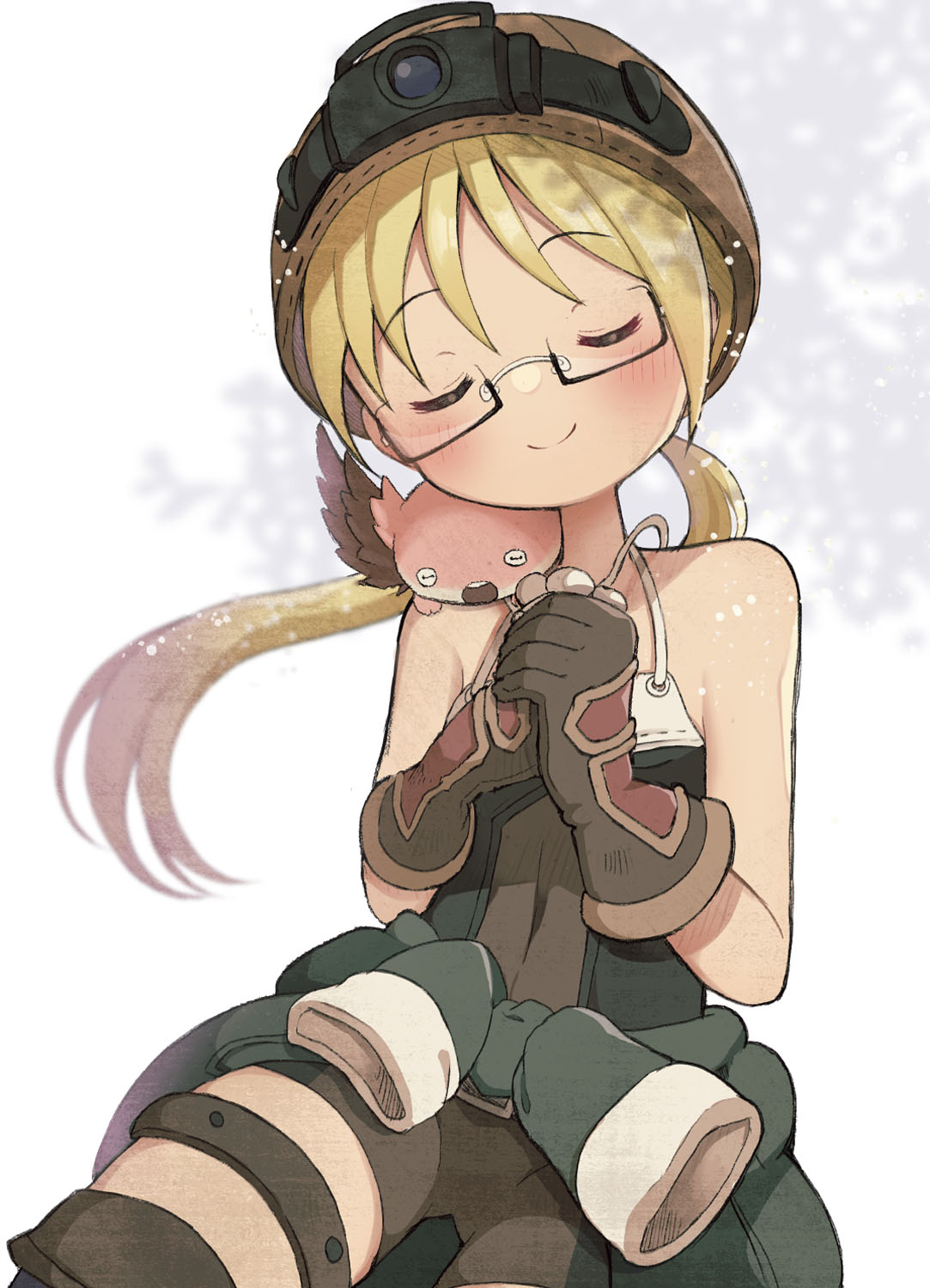 1girl, bangs, bare_shoulders, blonde_hair, boots, brown_footwear, brown_gloves, brown_headwear, child, closed_eyes, clothes_around_waist, commentary, cowboy_shot, creature, creature_on_shoulder, elbow_gloves, facing_viewer, female_child, glasses, gloves, grey_background, hands_up, helmet, highres, holding, kei_s01, long_hair, low_twintails, made_in_abyss, meinya_(made_in_abyss), on_shoulder, own_hands_clasped, own_hands_together, riko_(made_in_abyss), romper, sitting, smile, solo, thigh_boots, thigh_strap, twintails
