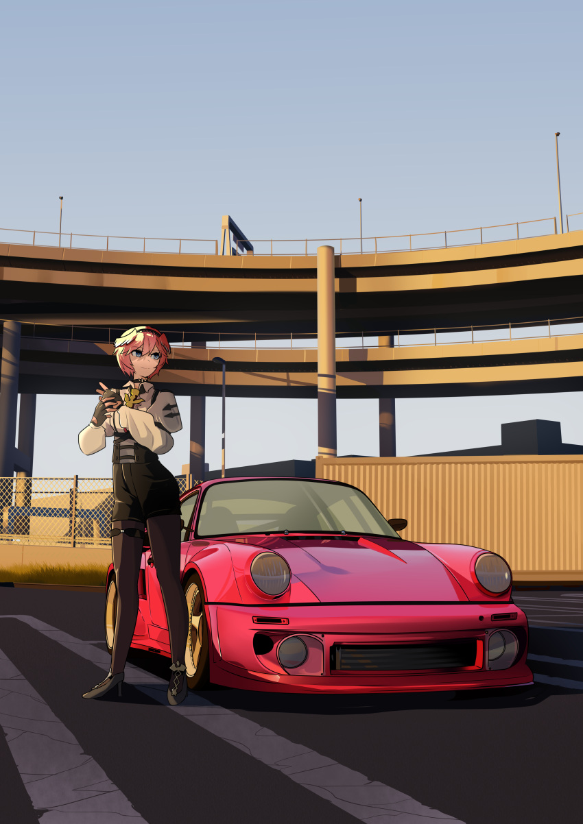 1girl, absurdres, bird_girl, black_pants, bridge, car, choker, daikoku_parking_area, fingerless_gloves, full_body, gloves, ground_vehicle, hair_wings, hairband, high-waist_shorts, high_heels, highres, holeecrab, hololive, looking_to_the_side, motor_vehicle, outdoors, pants, pantyhose_under_shorts, porsche, porsche_911, porsche_930, real_world_location, short_hair, solo, sports_car, standing, takane_lui, thigh_strap, virtual_youtuber, yokohama