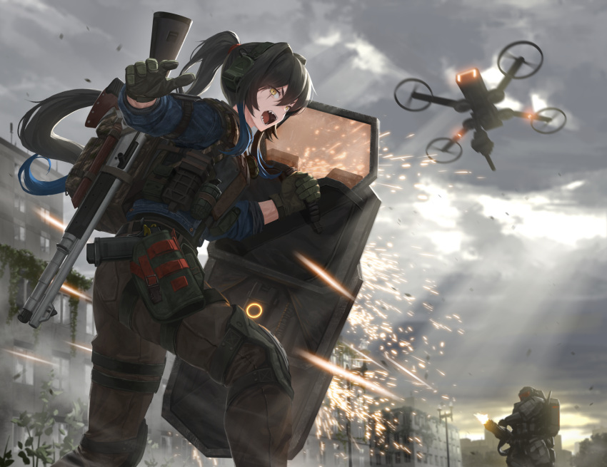 1boy, 1girl, armor, ballistic_shield, bangs, black_hair, brown_pants, building, commentary_request, commission, drone, explosive, gatling_gun, gloves, green_gloves, grenade, gun, hair_between_eyes, headset, highres, holding, holding_shield, holster, holstered_weapon, long_hair, minigun, open_mouth, outdoors, overcast, pants, pixiv_request, ponytail, shield, shotgun, tactical_clothes, thigh_holster, tom-neko_(zamudo_akiyuki), tom_clancy's_the_division, tracer_fire, weapon, yellow_eyes