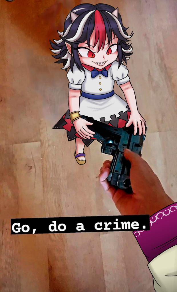2girls, bow, bowtie, dress, english_text, giving, go_do_a_crime_(meme), gun