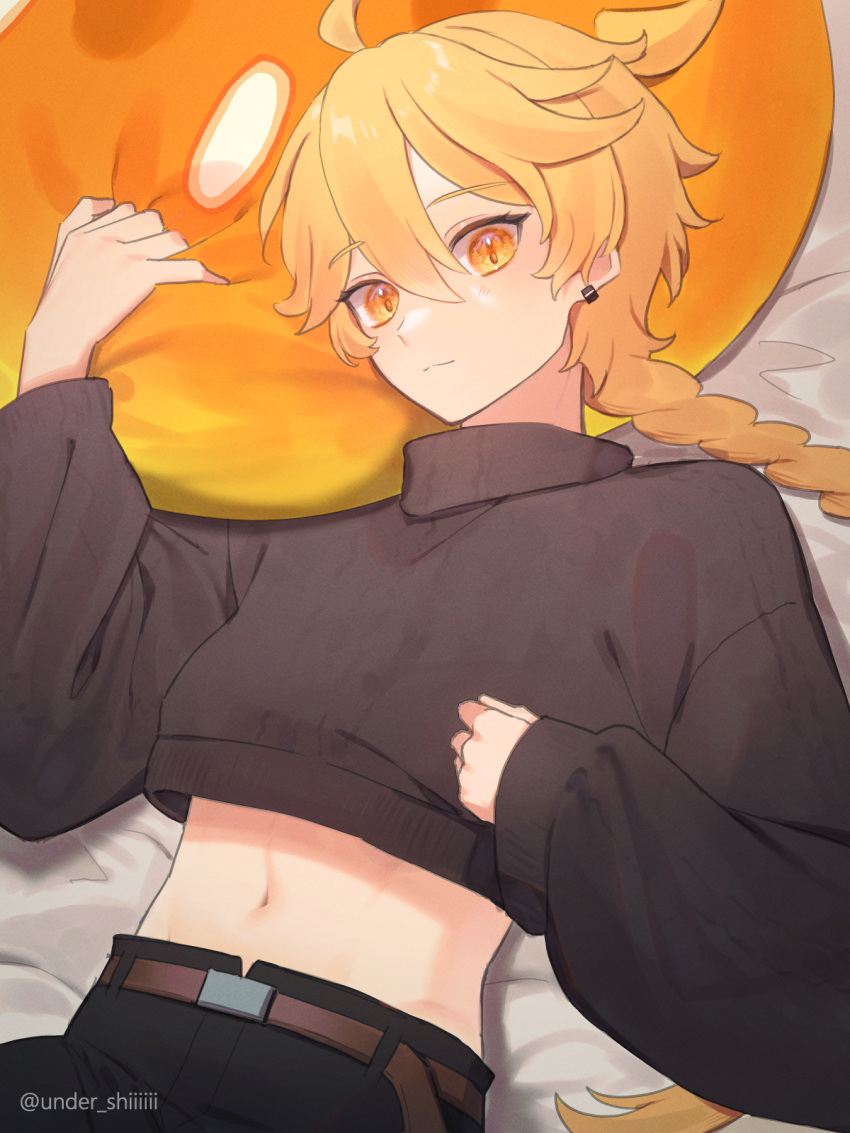 1boy, aether_(genshin_impact), ahoge, bangs, belt, black_pants, black_shirt, black_sweater