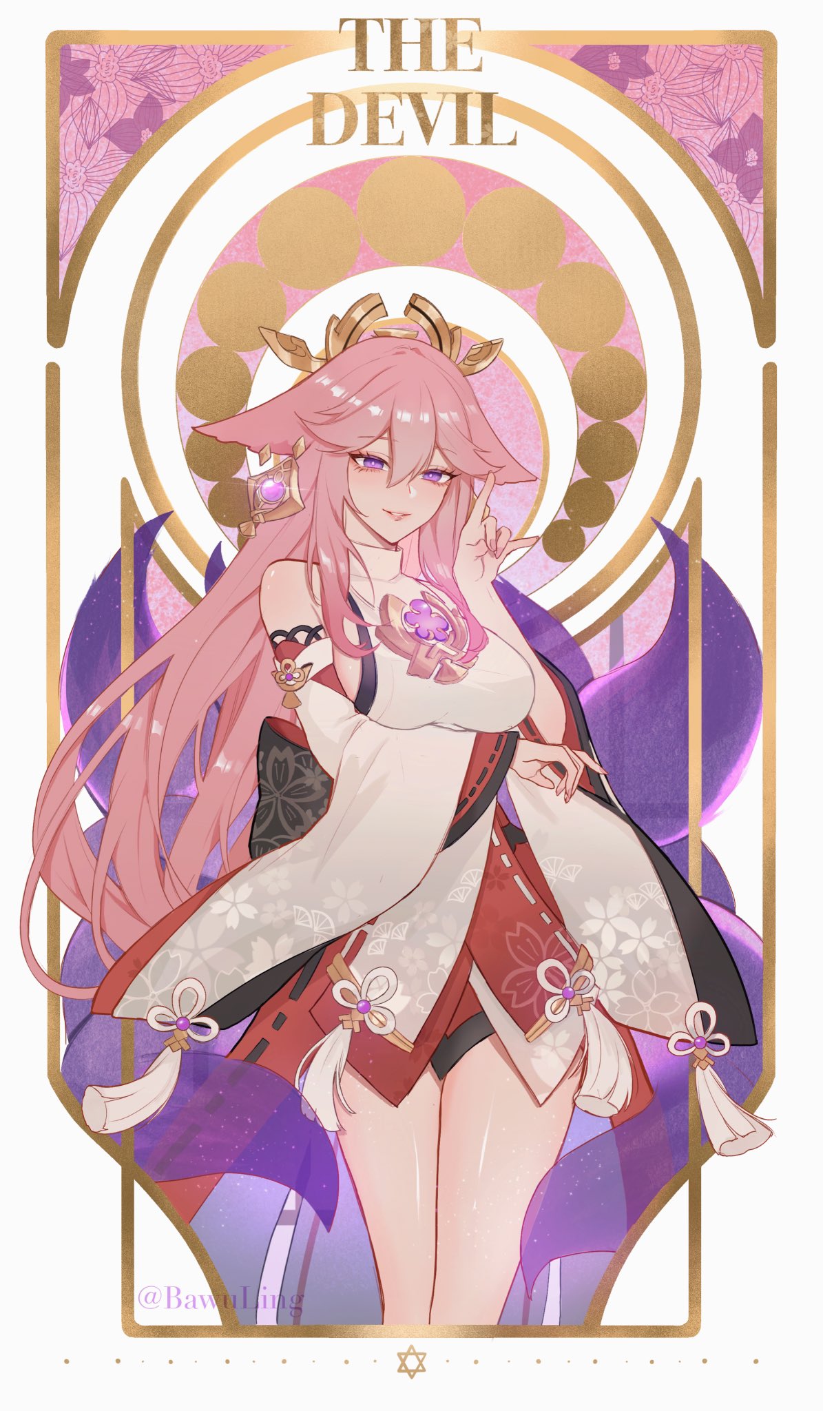 1girl, animal_ears, artist_name, back_bow, bangs, bare_shoulders, bawuling, black_bow, bow, breasts, brown_background, closed_mouth, detached_sleeves, earrings, english_text, floral_print, flower, fox_ears, fox_shadow_puppet, genshin_impact, gold, hair_between_eyes, hair_ornament, hands_up, highres, japanese_clothes, jewelry, kimono, large_breasts, long_hair, long_sleeves, looking_at_viewer, multicolored_background, nontraditional_miko, pink_hair, purple_background, red_skirt, shirt, skirt, solo, sparkle, standing, teeth, violet_eyes, white_background, white_shirt, wide_sleeves, yae_miko