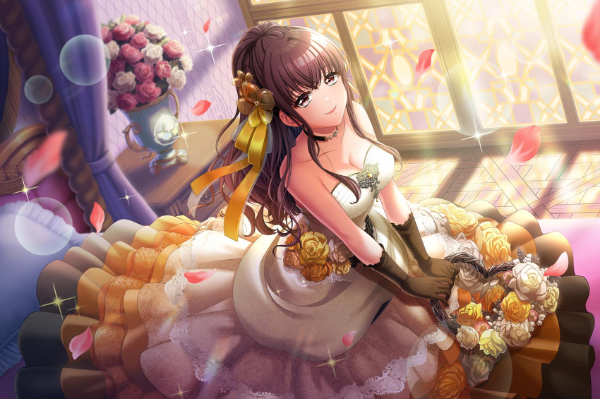 amano_airi, blush, brown_eyes, brown_hair, d4dj, dress, long_hair, smile