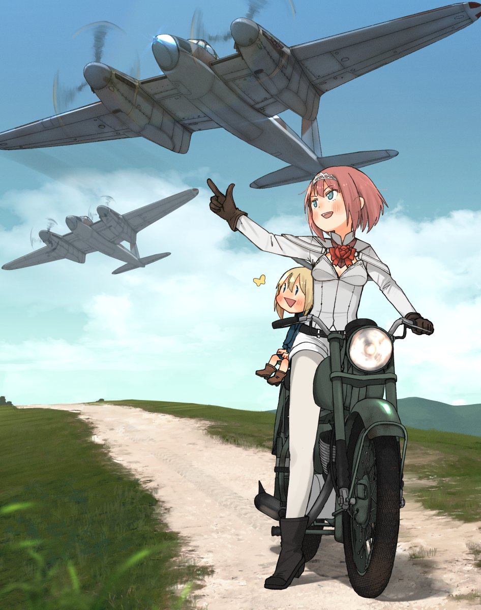 2girls, aircraft, airplane, annin_musou, ark_royal_(kancolle), black_footwear, blonde_hair, blue_eyes