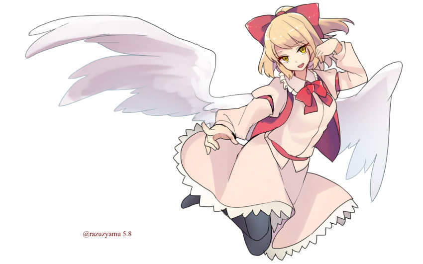 1girl, blonde_hair, bow, dress, gengetsu_(touhou), hair_bow, long_sleeves, puffy_long_sleeves, puffy_sleeves, razuzyamu, red_bow, ribbon, short_hair, simple_background, solo, touhou, touhou_(pc-98), white_background, wings, yellow_eyes