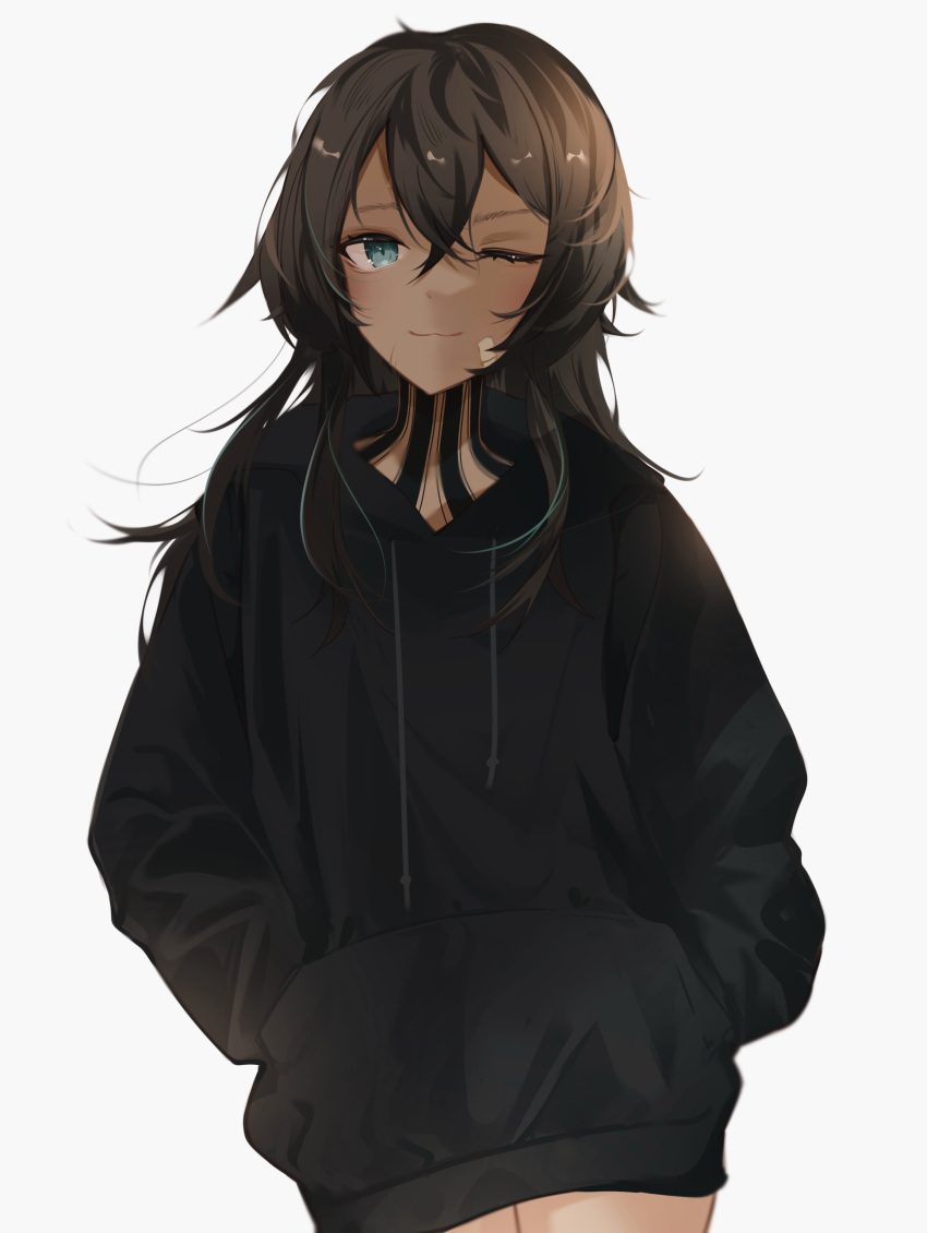 1girl, ;3, absurdres, alternate_costume, arknights, bandaid, bandaid_on_face, black_hair, black_hoodie, blue_eyes, closed_mouth, cowboy_shot, dark-skinned_female, dark_skin, flint_(arknights), gupipy, hands_in_pockets, highres, hood, hood_down, hoodie, long_hair, long_sleeves, looking_at_viewer, one_eye_closed, smile, solo
