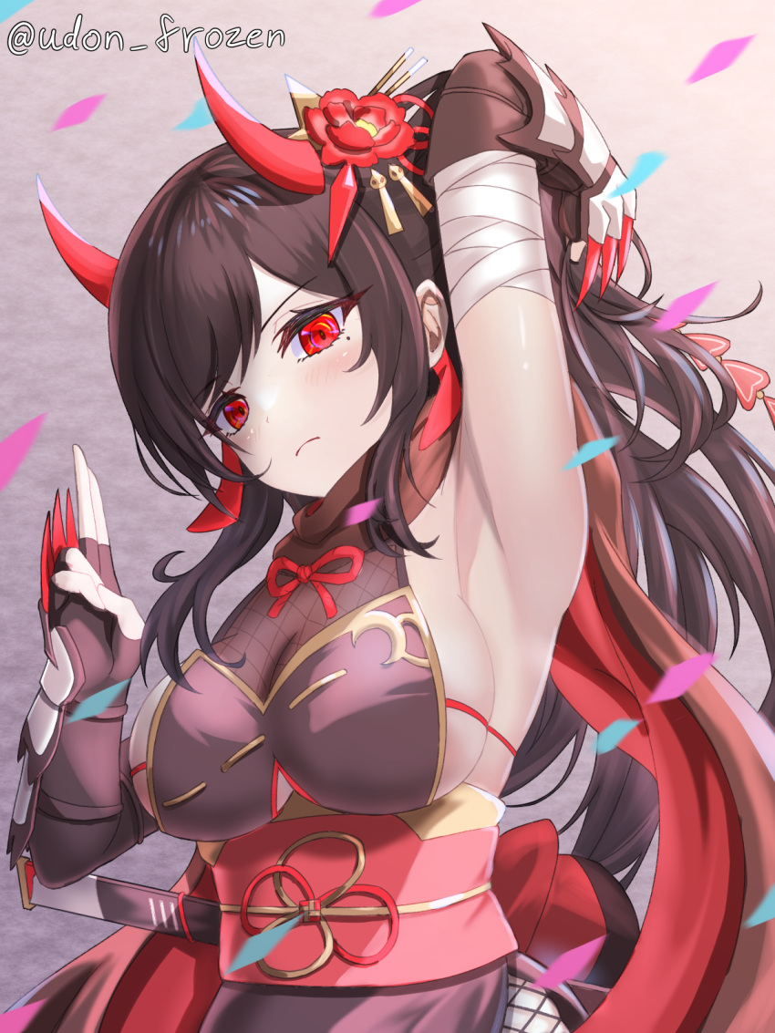>:(, arm_guards, arm_up, armpits, bandages, black_hair, breasts, claws