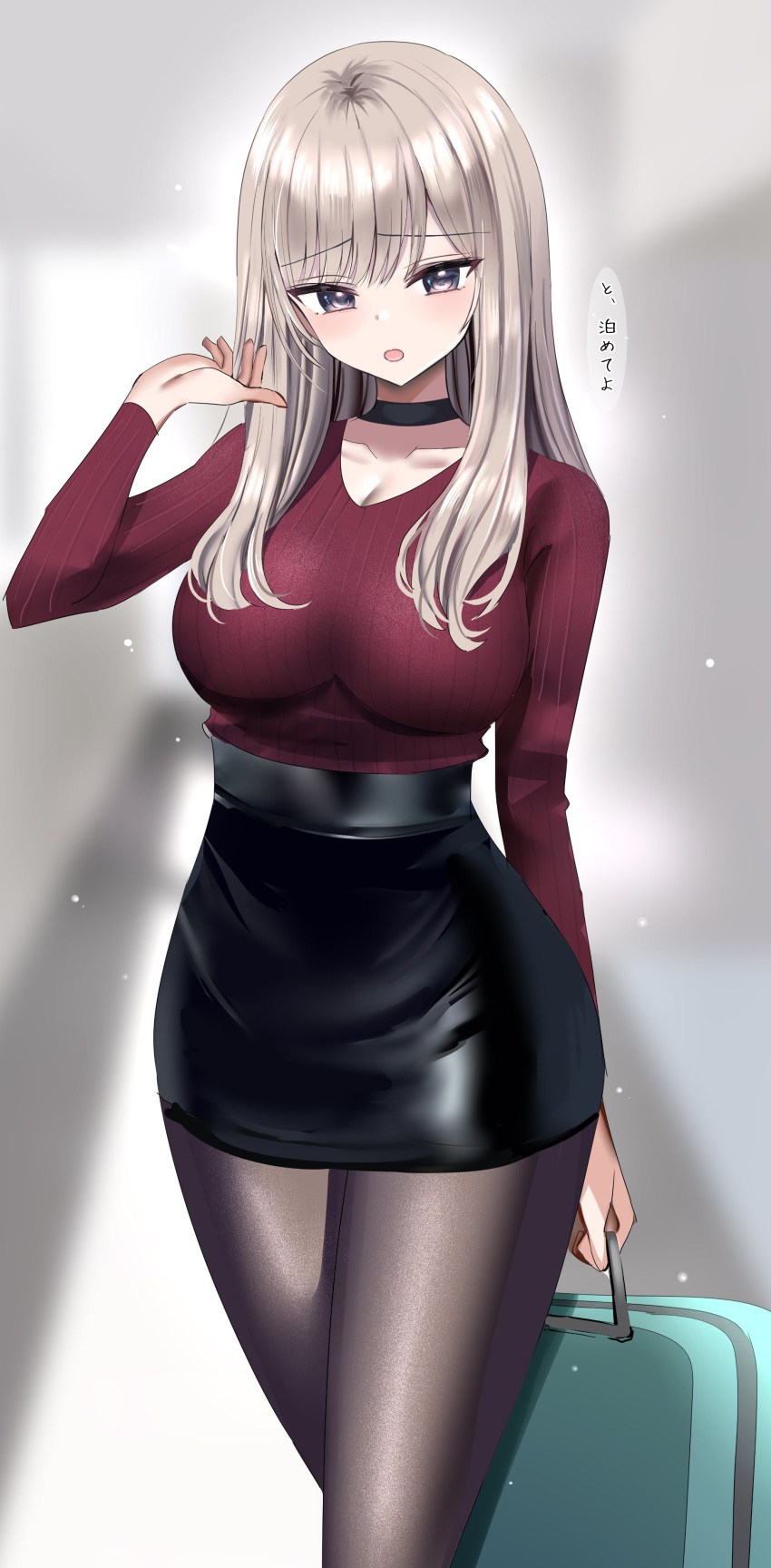 1girl, absurdres, black_eyes, black_pantyhose, black_skirt, breasts, brown_hair, hanasaka_houcha