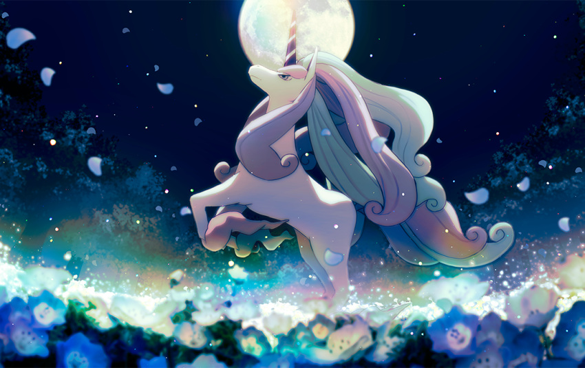 blue_flower, closed_mouth, commentary_request, flower, galarian_rapidash, grey_eyes, melty_(corolla), moon