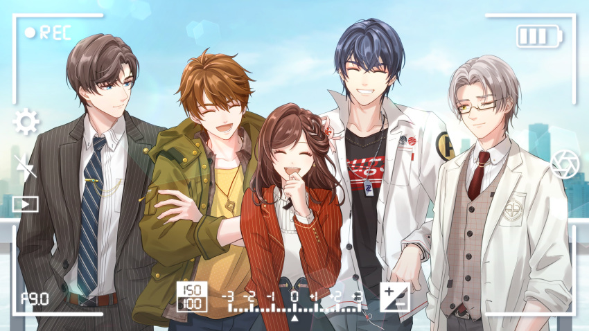 1girl, 4boys, :d, absurdres, artem_wing_(tears_of_themis), bangs, bel_3001, belt