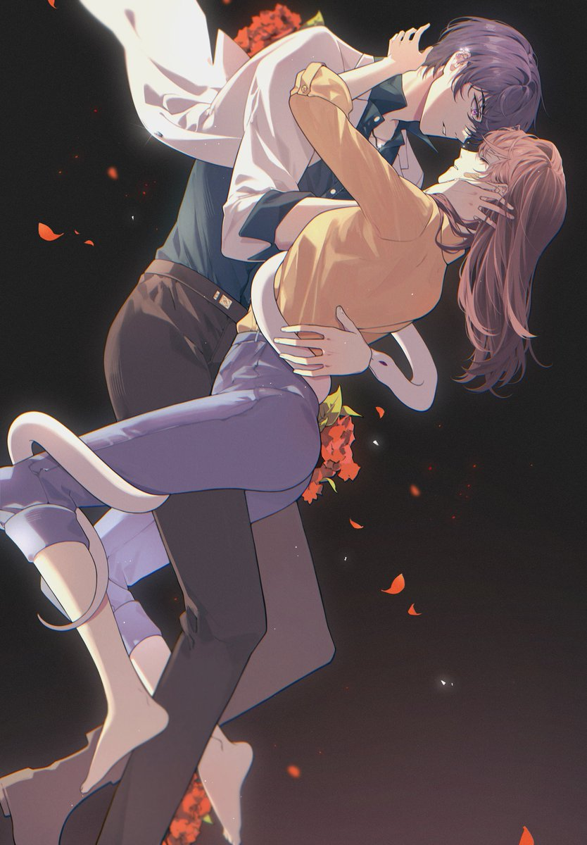 1boy, 1girl, bad_id, bad_twitter_id, bangs, barefoot, belt, blue_pants