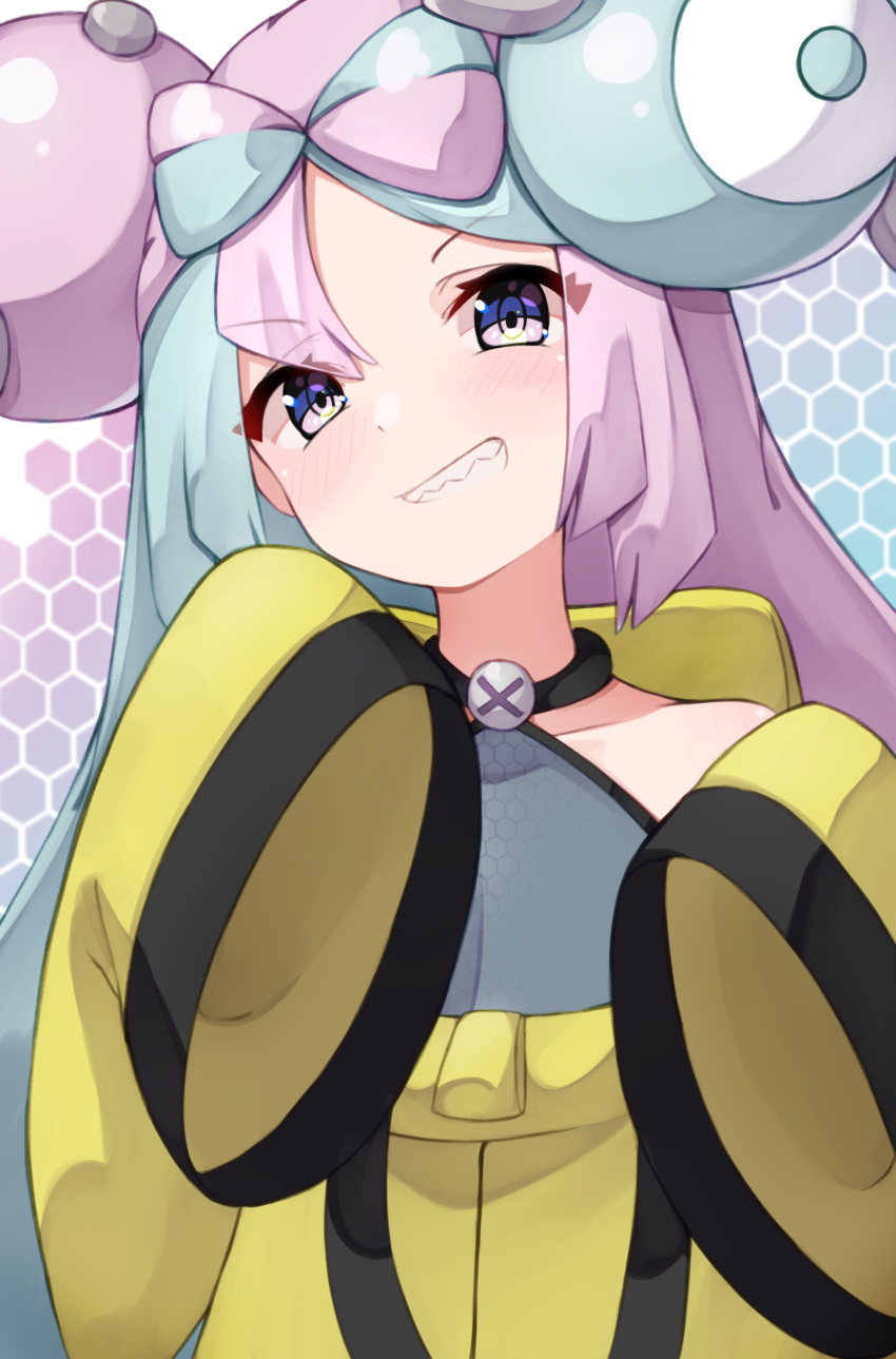 1girl, absurdres, ayanue, bangs, blush, character_hair_ornament, collarbone, green_hair, grey_shirt, grin, hair_ornament, hands_up, highres, iono_(pokemon), jacket, long_hair, looking_at_viewer, pokemon, pokemon_(game), pokemon_sv, sharp_teeth, shirt, sleeveless, sleeveless_shirt, sleeves_past_fingers, sleeves_past_wrists, smile, solo, teeth, upper_body, violet_eyes, yellow_jacket