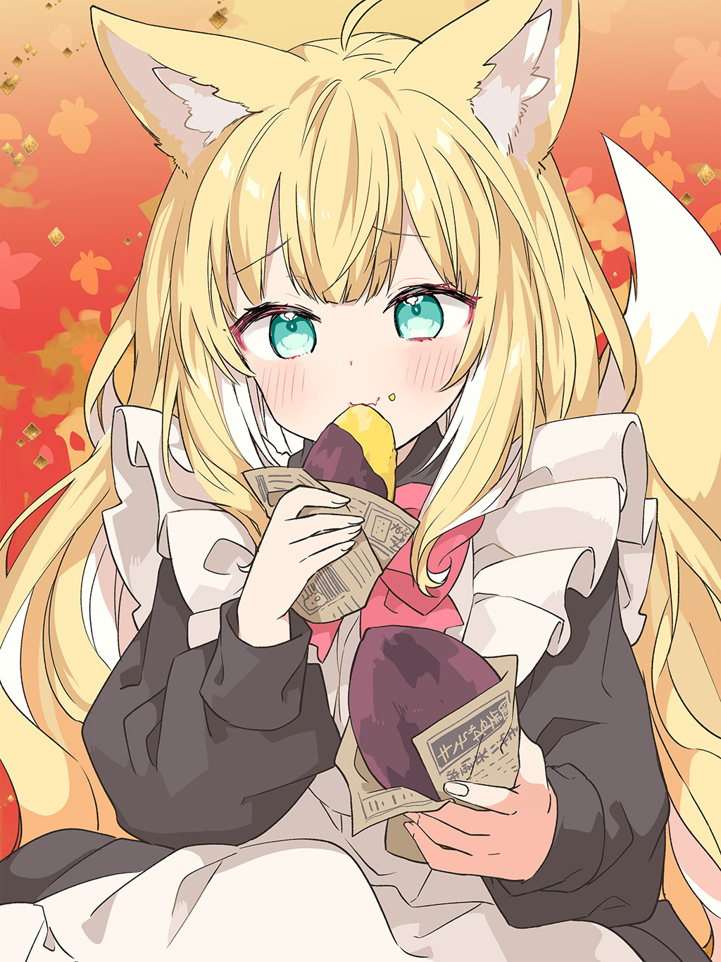 1girl, ahoge, animal_ear_fluff, animal_ears, apron, autumn_leaves, bangs, black_shirt, blonde_hair, blush, bow, eating, fang, fingernails, food, food_on_face, fox_ears, fox_girl, fox_tail, fuwafuwa-chan_(kamiyoshi_rika), green_eyes, highres, holding, kamiyoshi_rika, long_hair, looking_at_viewer, maid, maid_apron, original, red_bow, shirt, skin_fang, smile, solo, sweet_potato, tail, upper_body, very_long_hair, wavy_hair