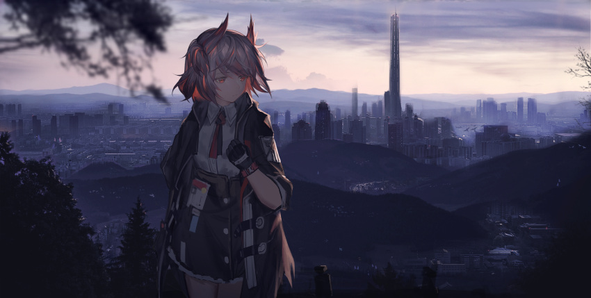 1girl, absurdres, arknights, black_gloves, black_jacket, black_necktie, black_skirt, blurry