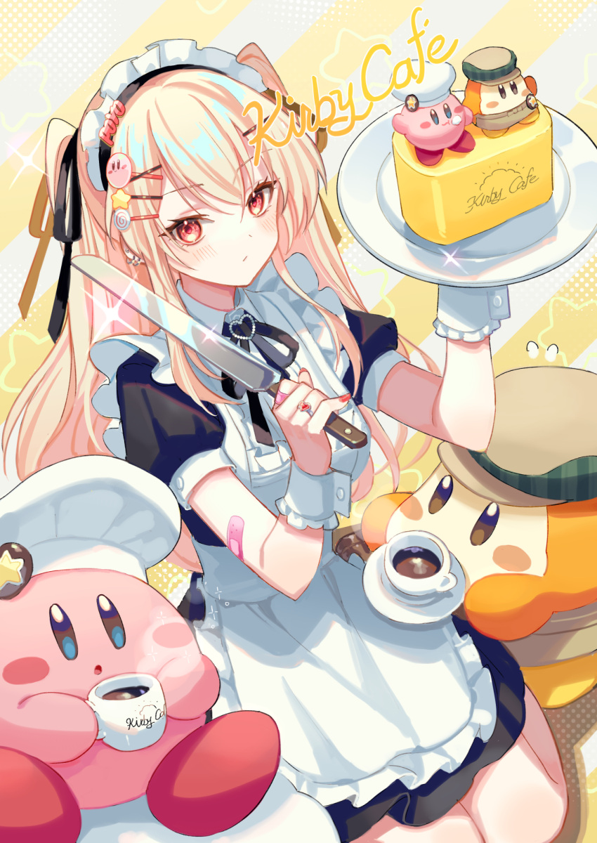 1girl, :o, apron, bandaid, bandaid_on_arm, bangs, black_ribbon, blonde_hair, butter_knife, chef_hat, closed_mouth, coffee_cup, collared_dress, cup, disposable_cup, dress, english_text, hair_ornament, halftone, hat, highres, holding, holding_knife, holding_plate, holding_saucer, jewelry, jirai_kei, kirby, kirby_(series), kirby_cafe, knife, long_hair, looking_at_viewer, maid, maid_apron, maid_headdress, neck_ribbon, original, plate, puffy_short_sleeves, puffy_sleeves, red_eyes, red_nails, ribbon, ring, saucer, seiza, short_sleeves, sidelocks, sitting, sparkle, star_(symbol), star_hair_ornament, striped, striped_background, suzaku_(zaku6584), twintails, waddle_dee, white_wrist_cuffs, wrist_cuffs, x_hair_ornament, yellow_background