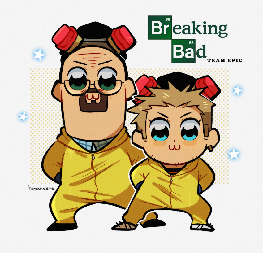2boys, :3, absurdres, arms_behind_back, artist_name, bald, beard, bkub_(style)
