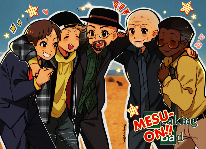 5boys, absurdres, animification, bald, beard, black_headwear, blonde_hair, blush_stickers