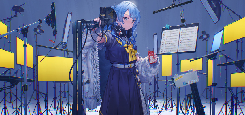 1girl, asymmetrical_hair, belt, blue_eyes, blue_hair, blue_nails, blue_shirt, blue_skirt