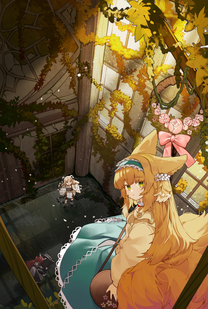 3girls, :d, absurdres, animal_ears, arknights, bag, black_dress, blonde_hair