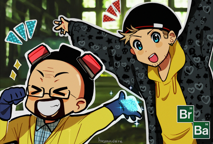 >_<, 2boys, animification, artist_name, bald, beanie, beard, blue_eyes