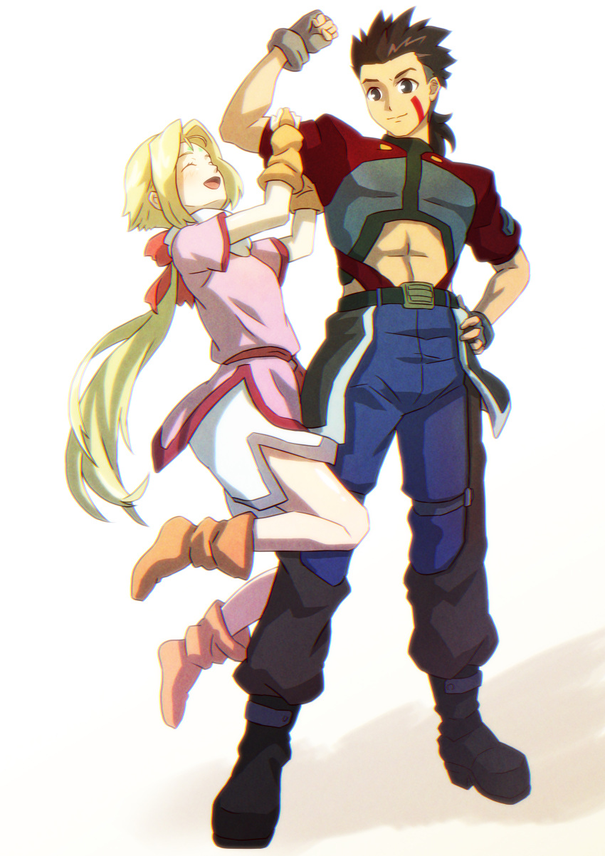 1boy, 1girl, abs, absurdres, belt, black_belt, black_footwear, blonde_hair