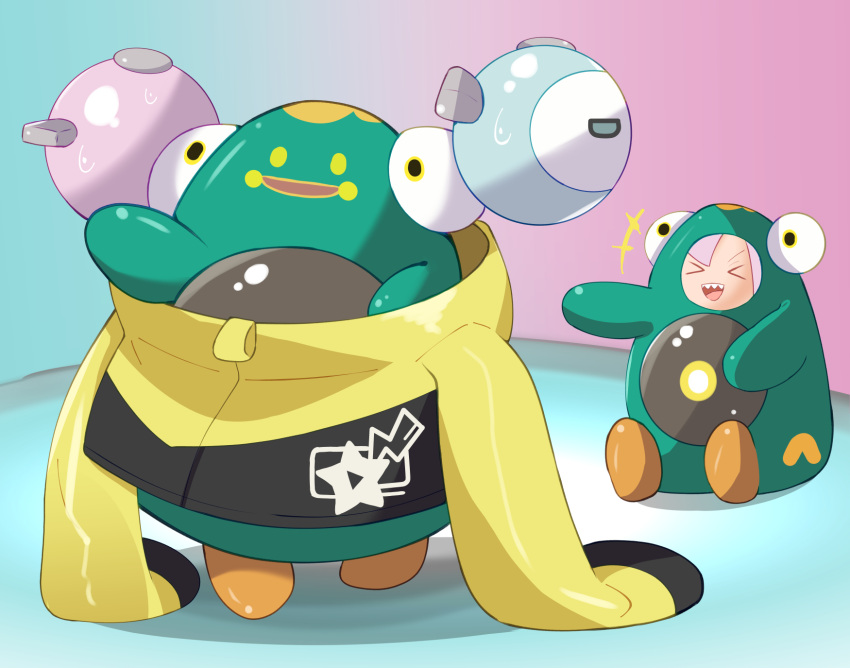 >_<, +++, 1girl, bangs, bellibolt, bellibolt_(cosplay), closed_eyes, clothed_pokemon, commentary_request, cosplay, highres, iono_(pokemon), jacket, laughing, open_mouth, pokemon, pokemon_(creature), pokemon_(game), pokemon_sv, samimitan, sharp_teeth, smile, sweat, teeth, tongue, upper_teeth, yellow_jacket
