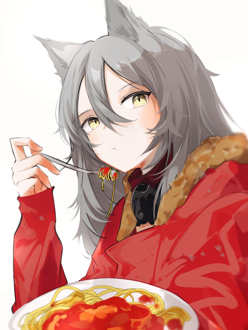 1girl, :t, absurdres, animal_ears, arknights, eating, food, fork