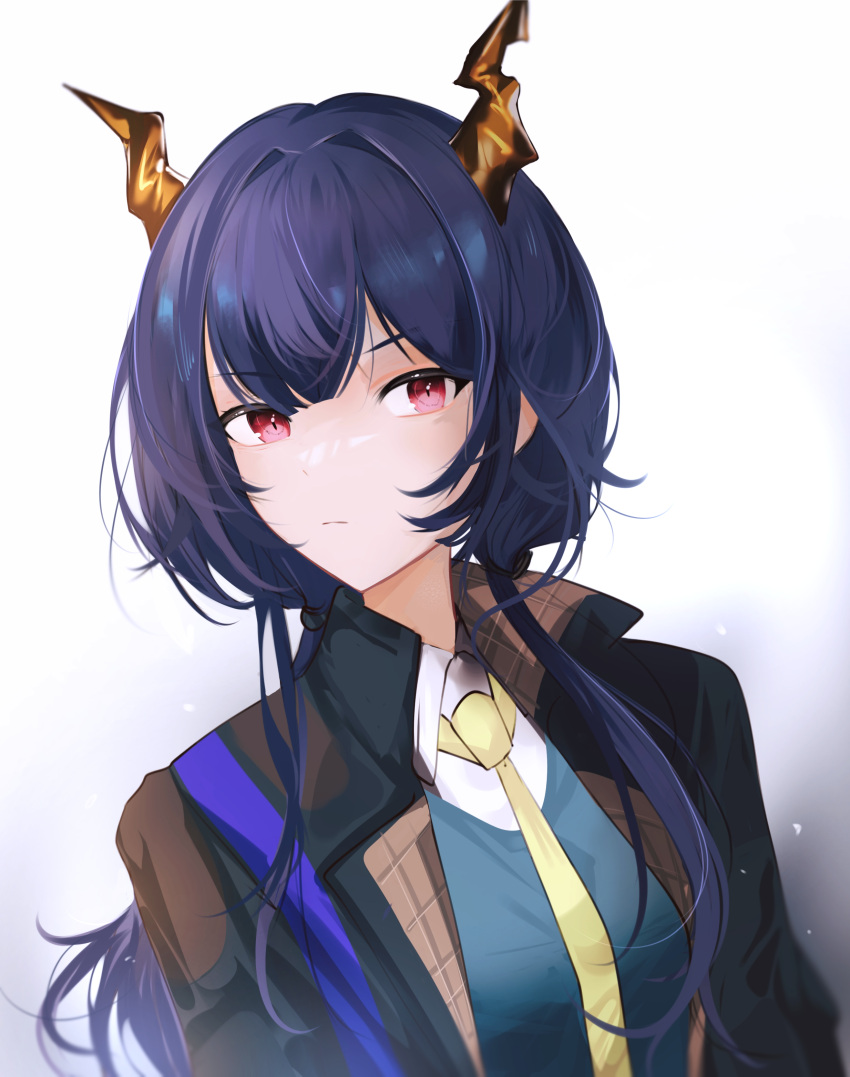 1girl, absurdres, alternate_costume, arknights, black_jacket, blue_hair, blue_shirt, ch'en_(arknights)